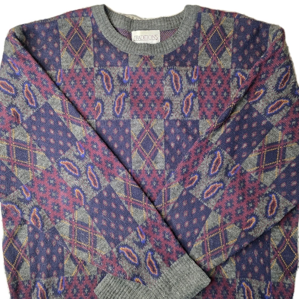 Vintage Traditions Sweater Paisley Geometric Acrylic Purple Grey Maroon Wool XL‎